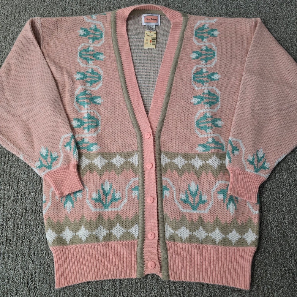 Vintage Gina Peters Cardigan L Pastel Southwest Pink Cottagecore NWT